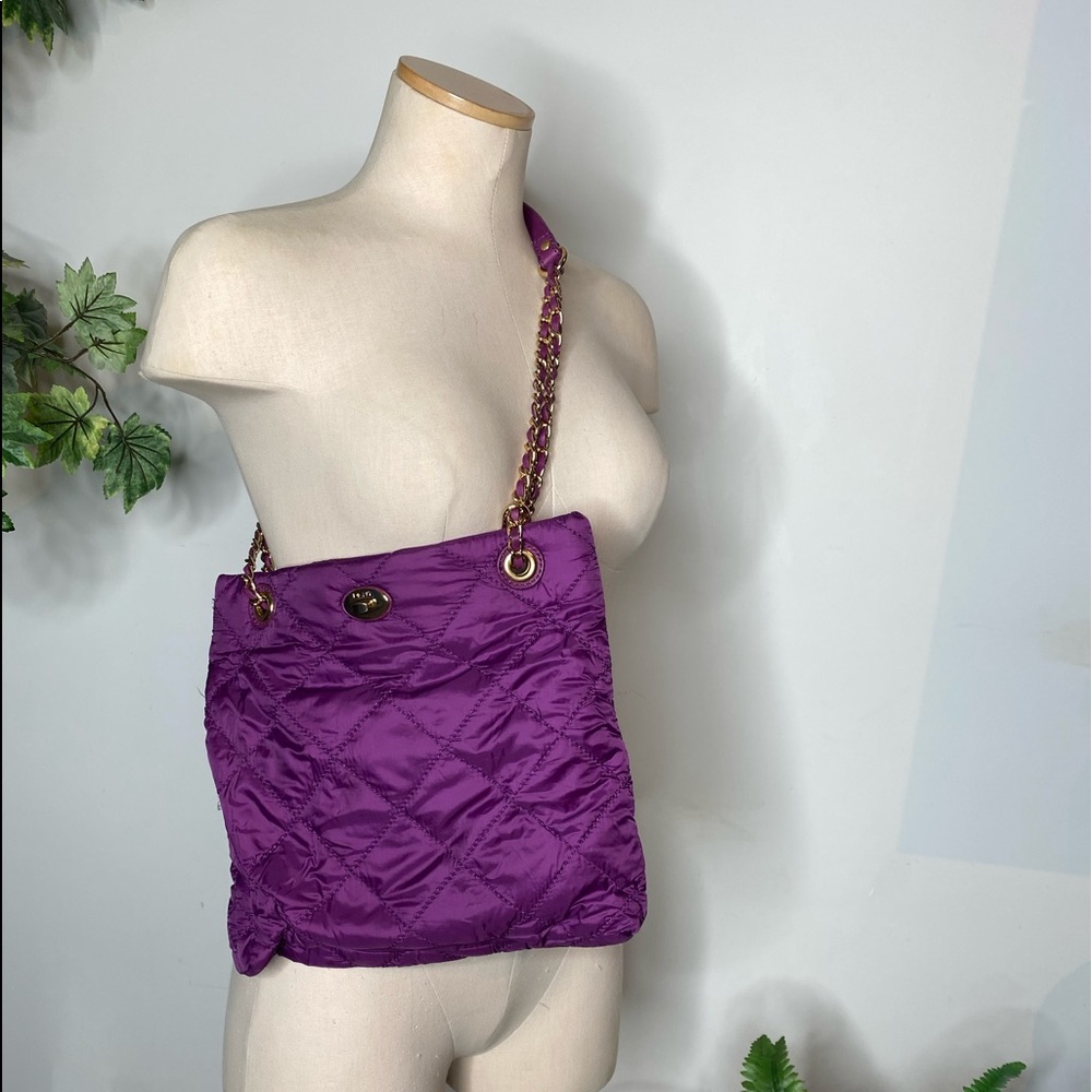 Purple Quilted DKNY Shoulder Purse With Gold Accents